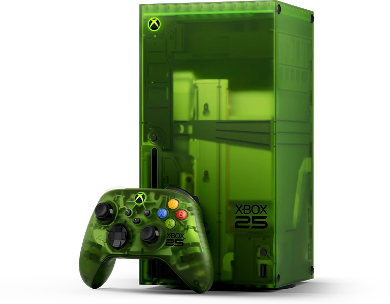 Xbox Series X in transparenter grüner Jubiläumsedition mit passendem Controller